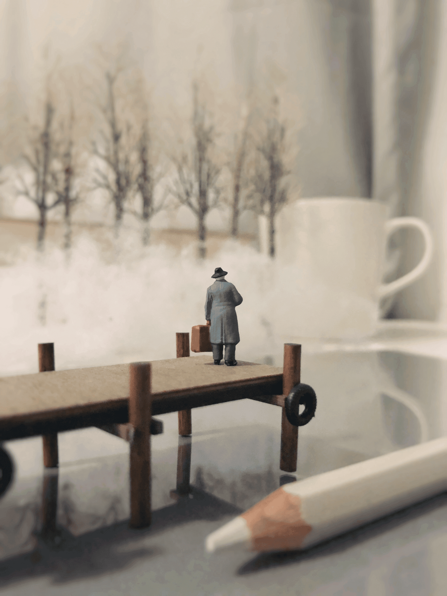 Scène de photographie miniature créative montrant un petit personnage sur un ponton avec un crayon et une tasse