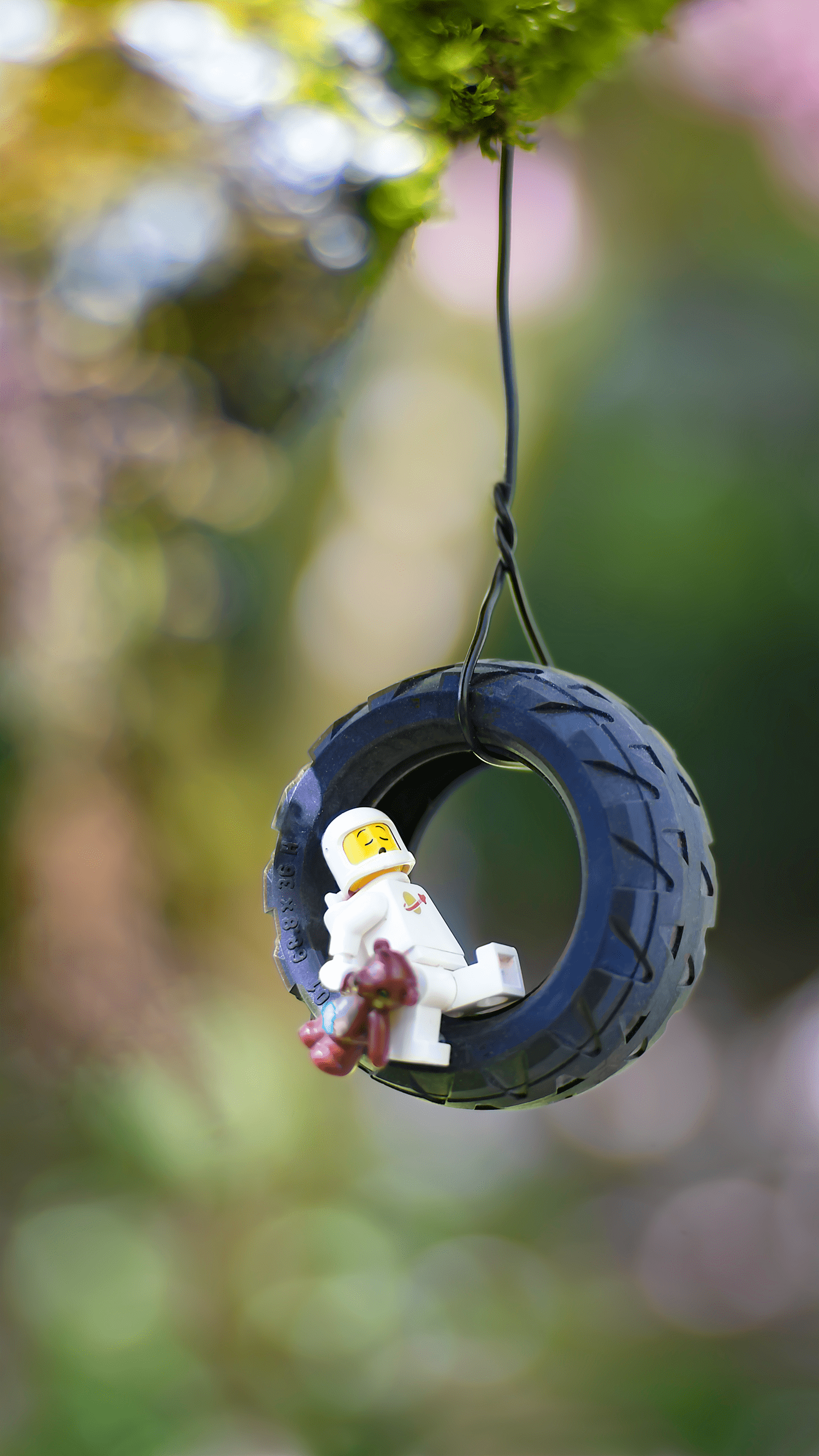 Photo miniature créative d’une figurine LEGO sur une balançoire en pneu, par Shelly Corbett