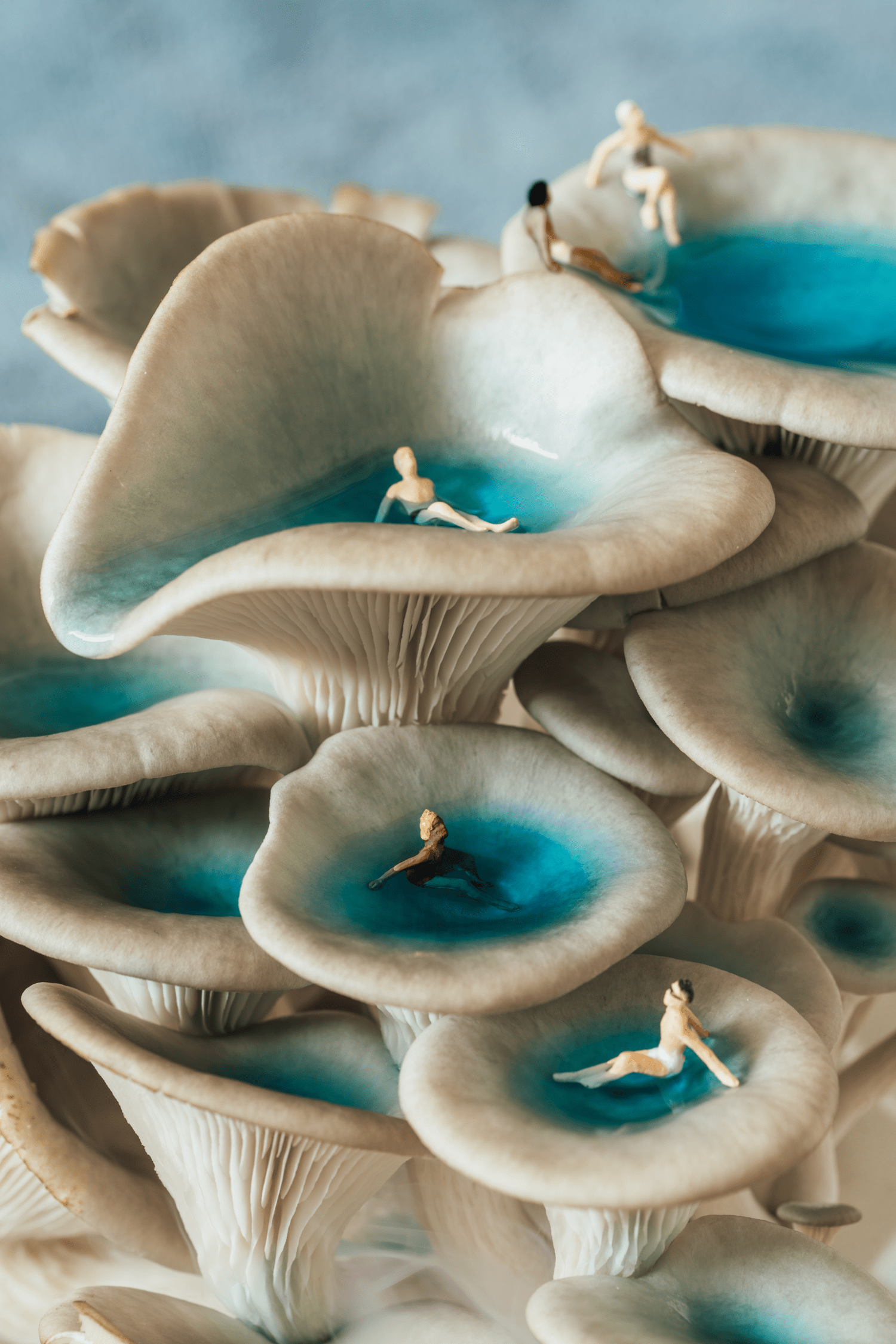 Idée de photographie miniature montrant des personnages se relaxant dans des piscines en forme de champignons, par Erin Sullivan