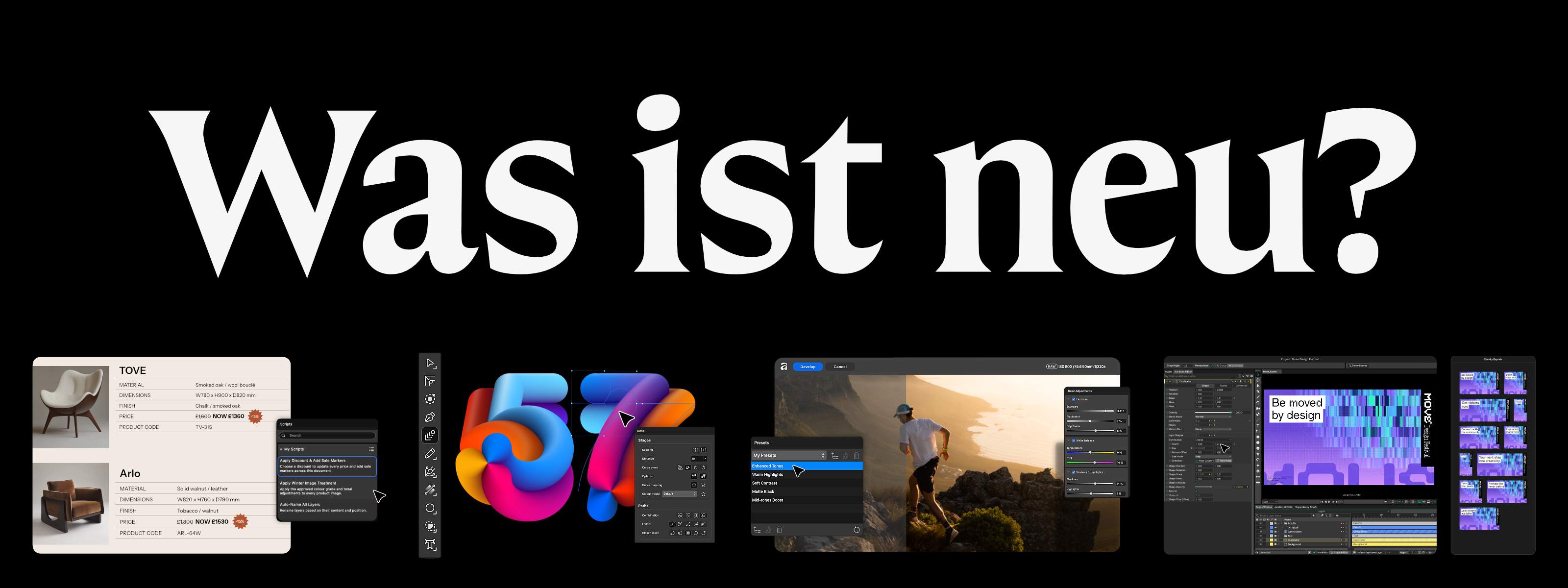 Das ist neu in Affinity: Eine Interface-Collage zeigt Morphing, Skripte und die Werkzeuge zur RAW-Entwicklung.
