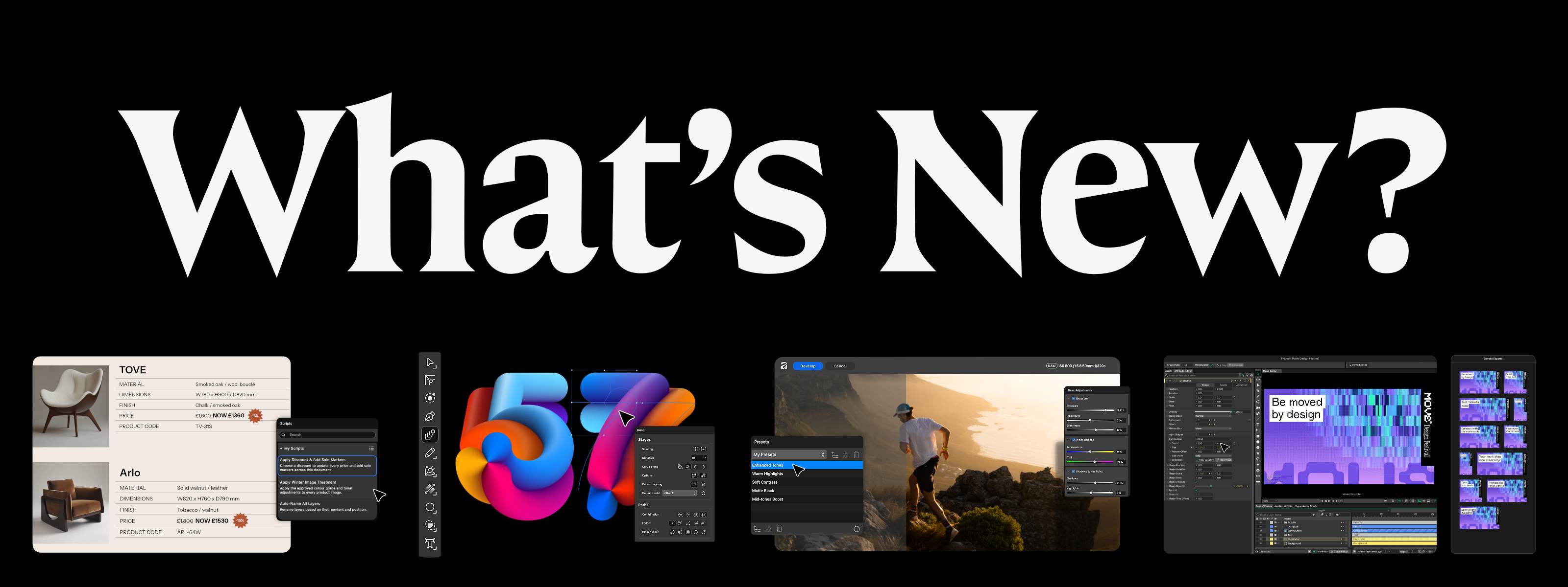 What’s New in Affinity interface collage showing Blend Tool, Scripting, and RAW development tools.