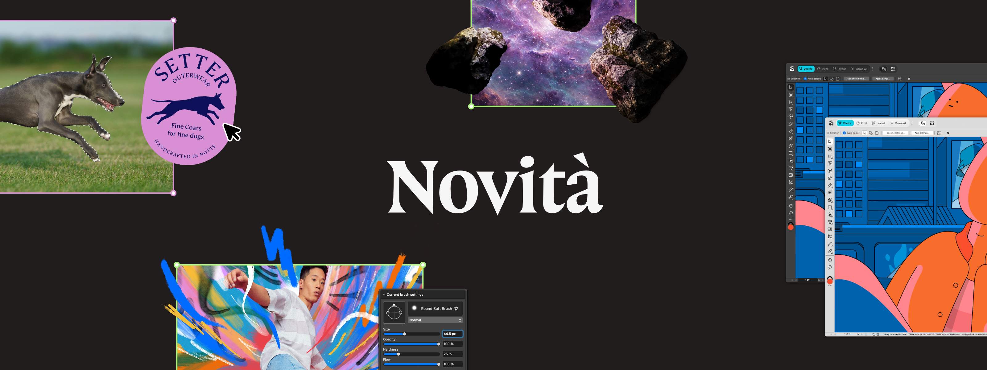 Novità di Affinity: scopri le nuove funzionalità, le anteprime dell’interfaccia e gli strumenti creativi su sfondo scuro.