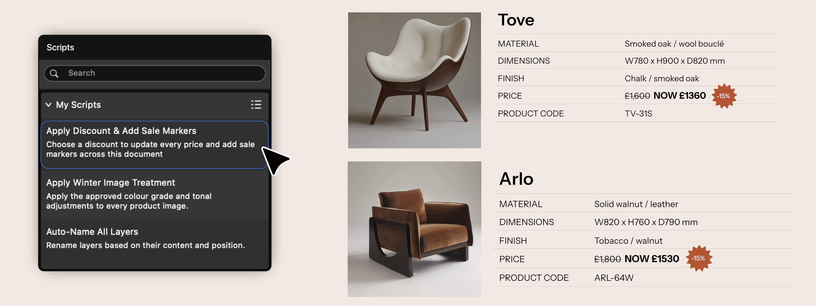 Scripts panel in Affinity highlighting a script that updates prices and adds sale markers to a furniture product sheet.