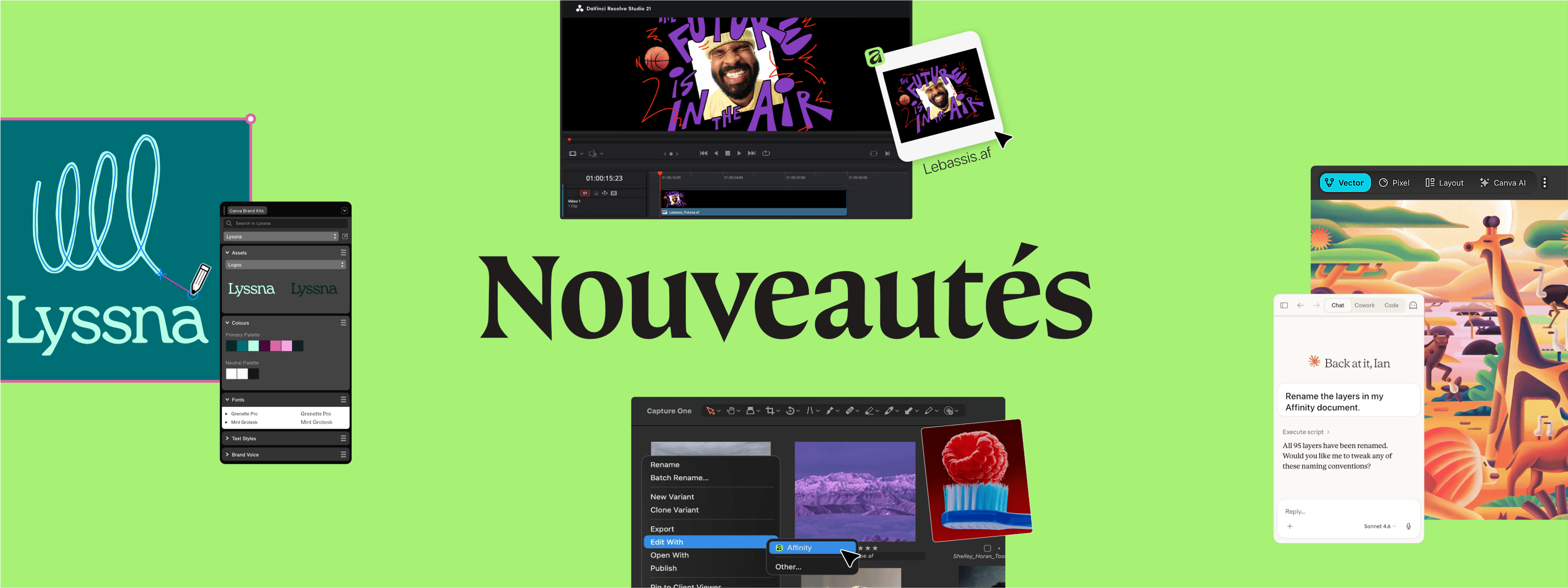 Collage de l’interface Nouveautés dans Affinity présentant l’écosystème de marque Canva, l’intégration Capture One, le flux de travail DaVinci Resolve et les outils d’automatisation IA