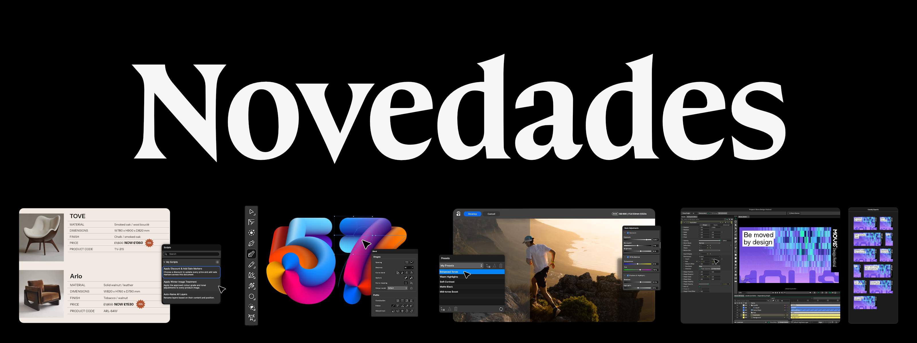 Collage de las novedades en la interfaz de Affinity en el que se muestran la herramienta Fusión, los scripts y las herramientas de revelado RAW.