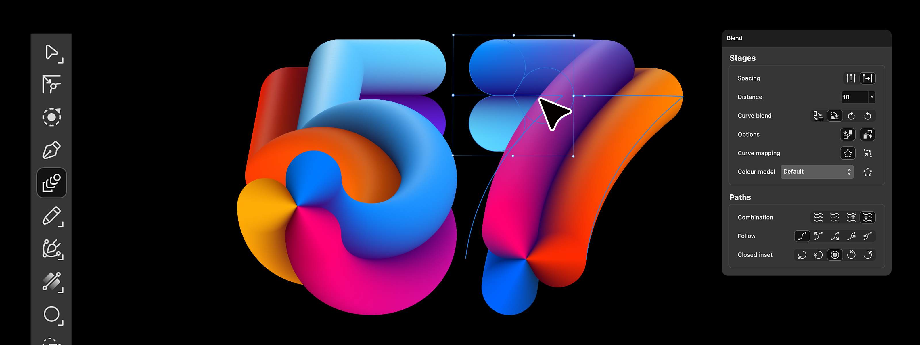 Affinity canvas showing colorful blended shapes forming the number 57, with the Blend Tool controls open.