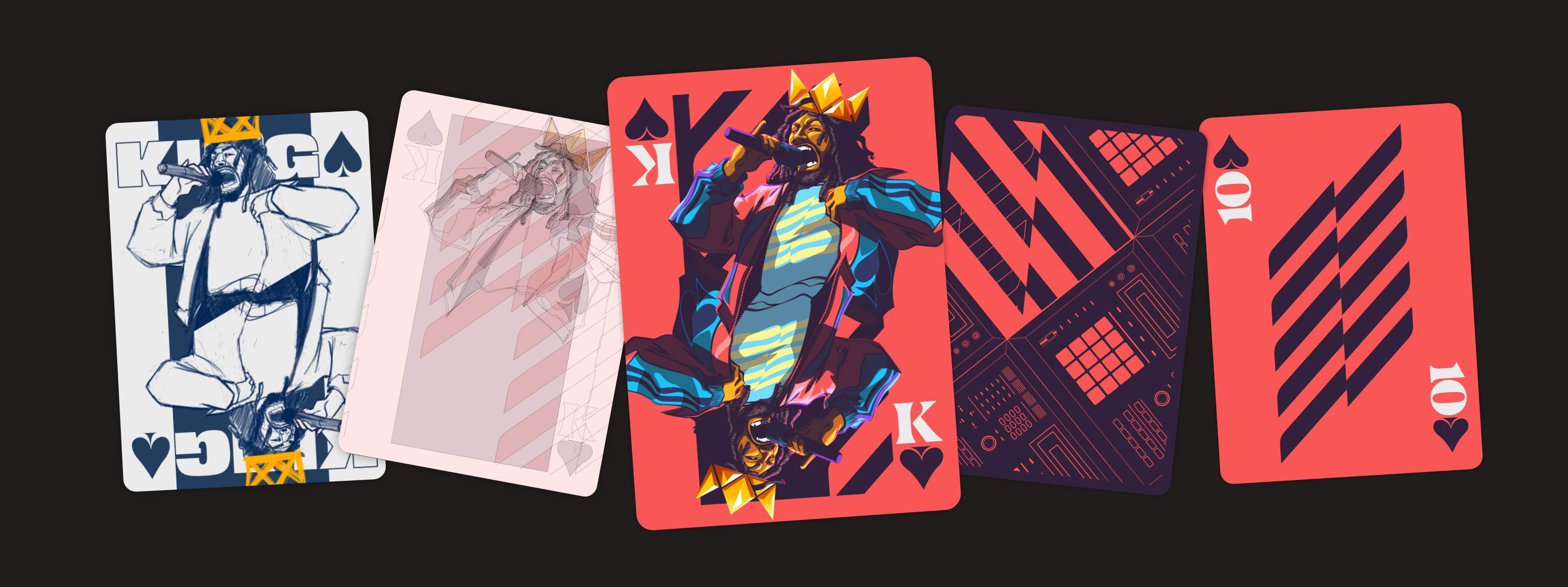 King of Spades playing card project showcasing concept sketches, final King card artwork, card back design, and custom number 10 card