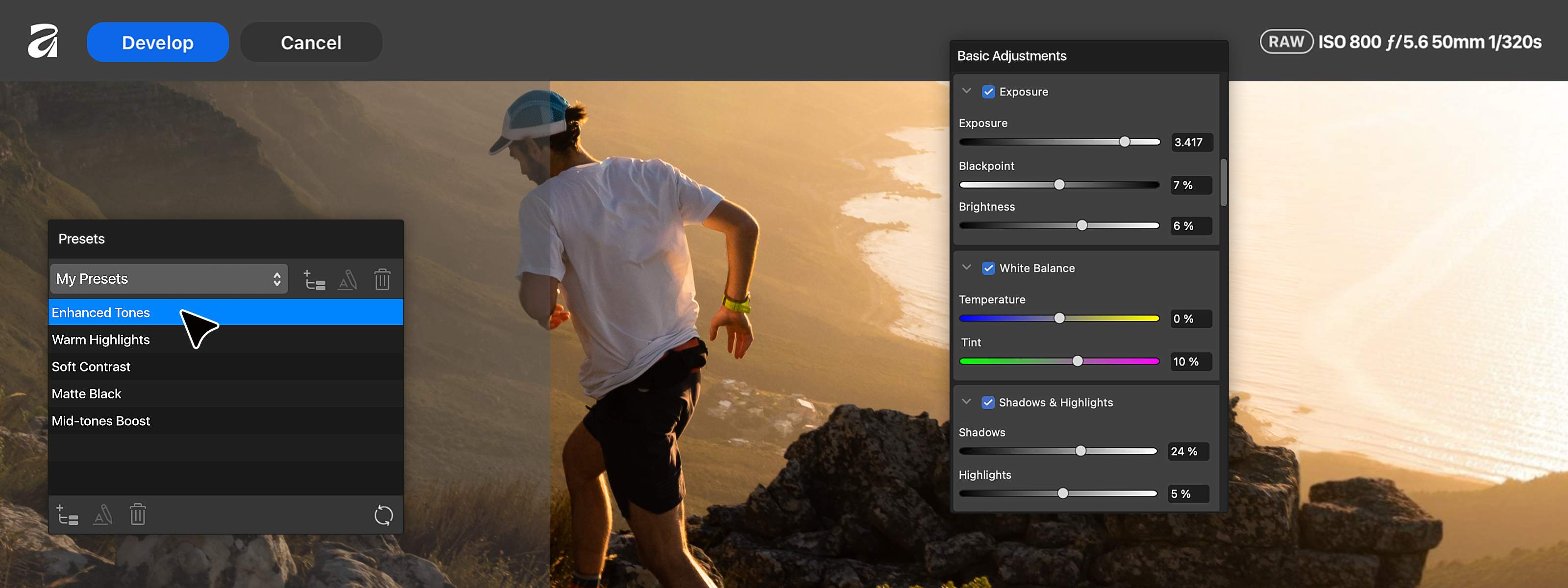 RAW image being developed in Affinity.