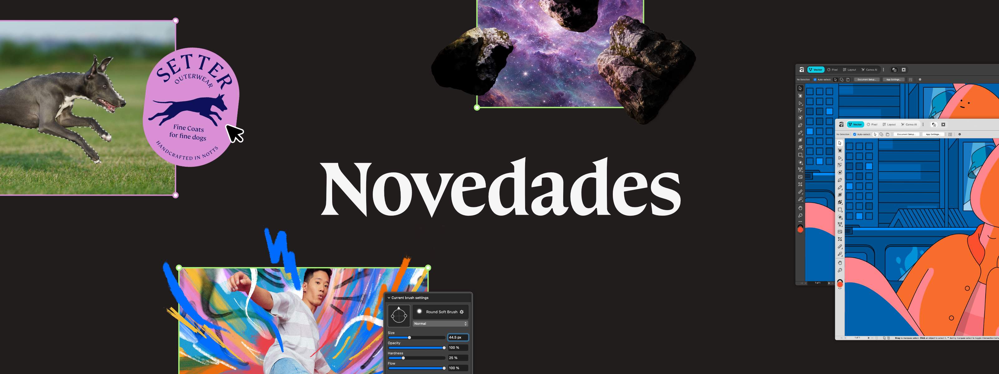 Novedades en Affinity: nuevas funciones de Affinity, previsualizaciones de la interfaz de usuario y herramientas creativas sobre fondo oscuro.