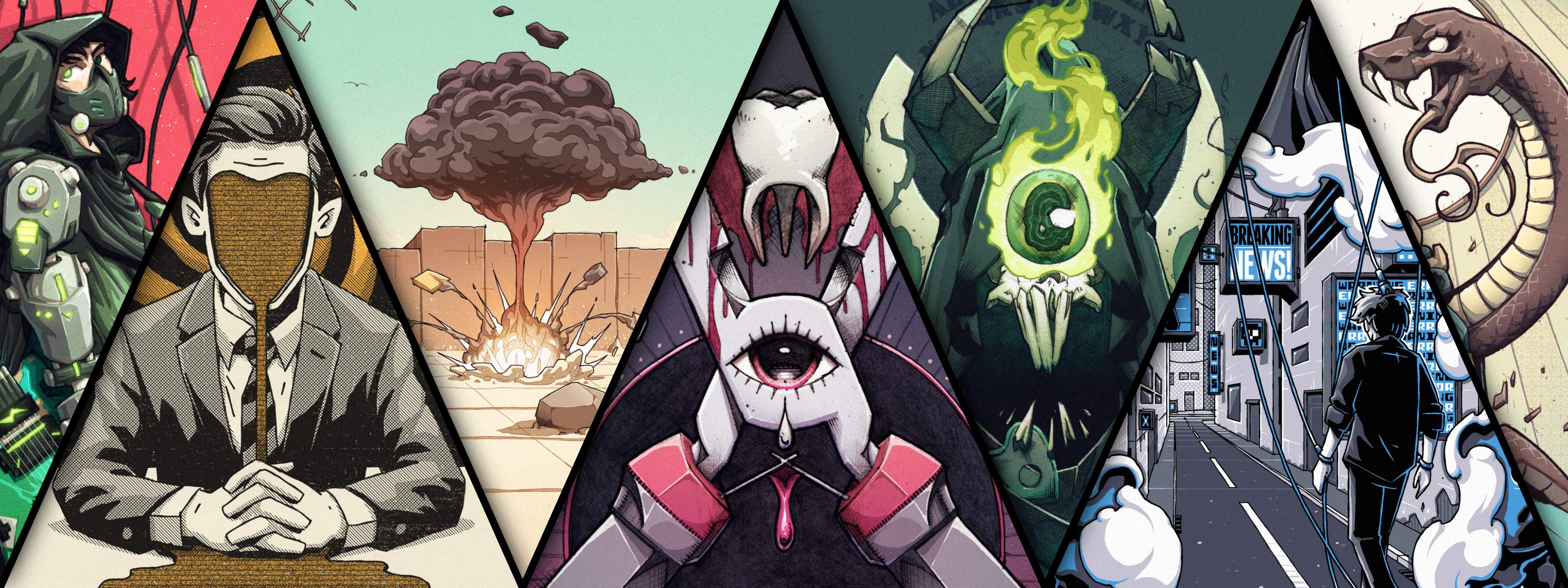 Digital illustration montage by Christi du Toit featuring surreal characters and comic-inspired scenes.