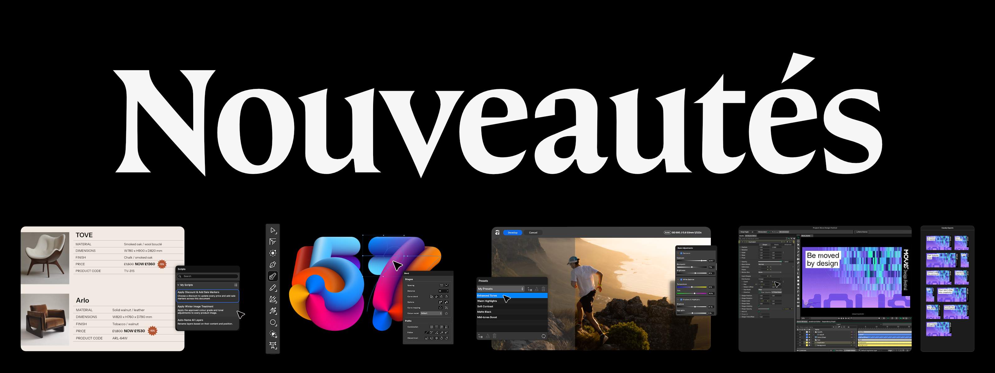 Collage de l’interface Nouveautés Affinity montrant l’Outil Fusion, les scripts et les outils de développement RAW.