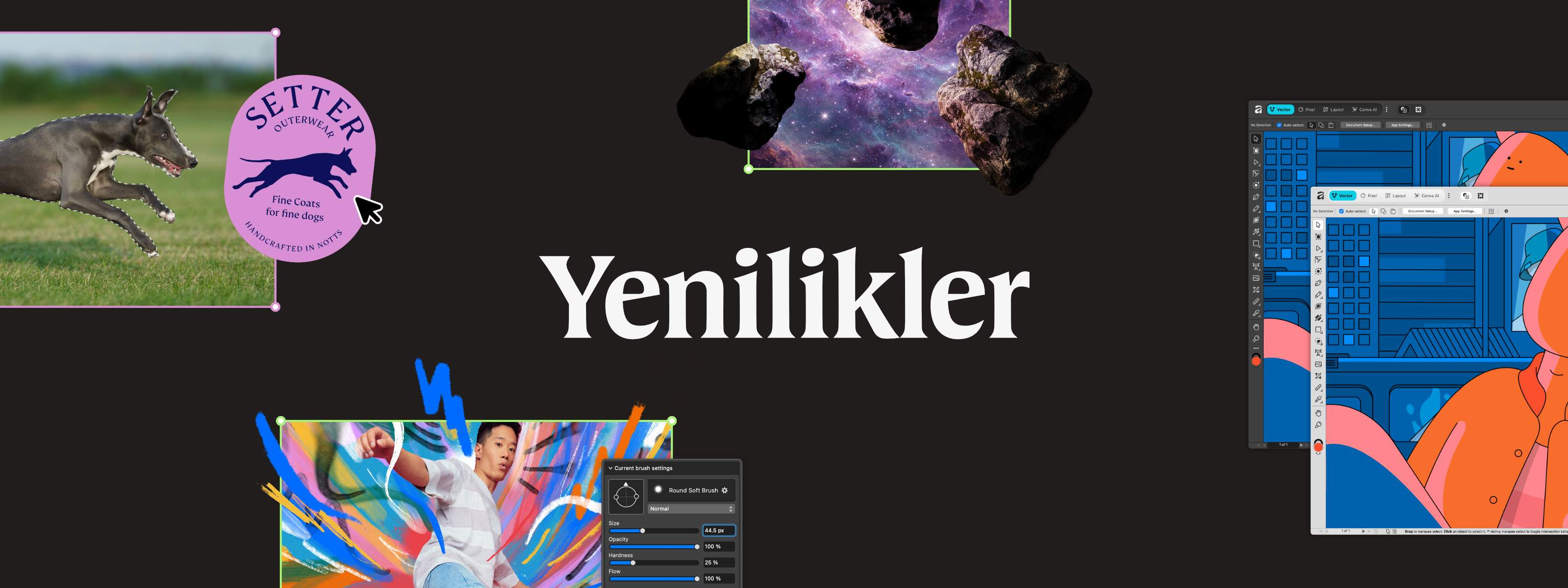 Affinity’deki Yenilikler, yeni Affinity özelliklerini, arayüz önizlemelerini ve yaratıcı araçları koyu bir arka planda gösterecek şekilde güncellendi.
