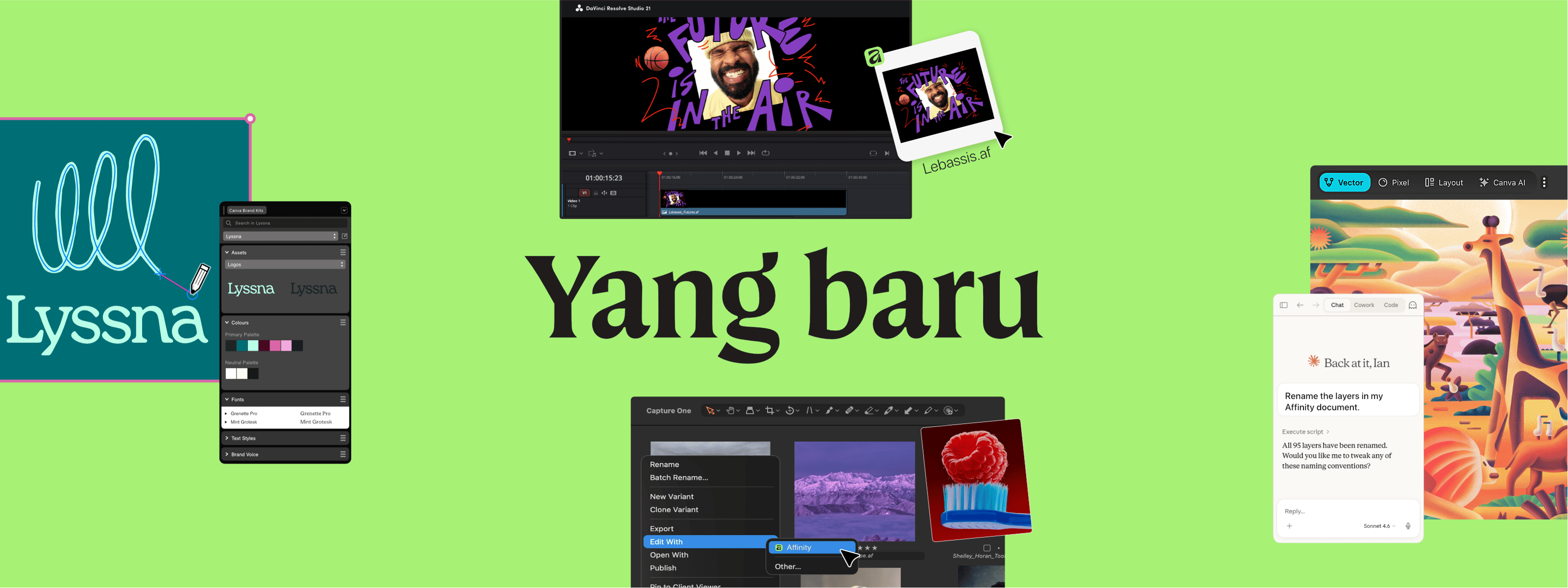 Kolase antarmuka “What’s New” di Affinity yang menampilkan Ekosistem Merek Canva, integrasi Capture One, alur kerja DaVinci Resolve, dan alat otomatisasi AI.