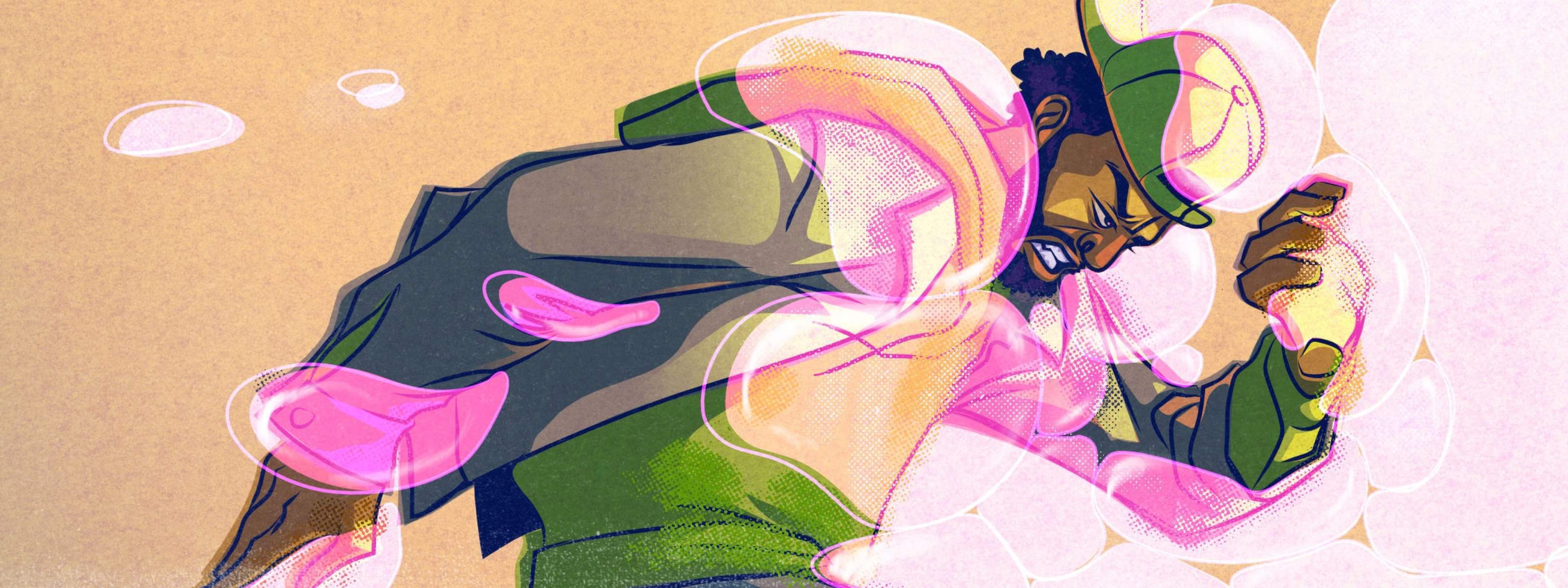 Ilustração no tutorial do Affinity, combinando texturas expressivas de pincel com formas vetoriais simples em um design dinâmico de caracteres.