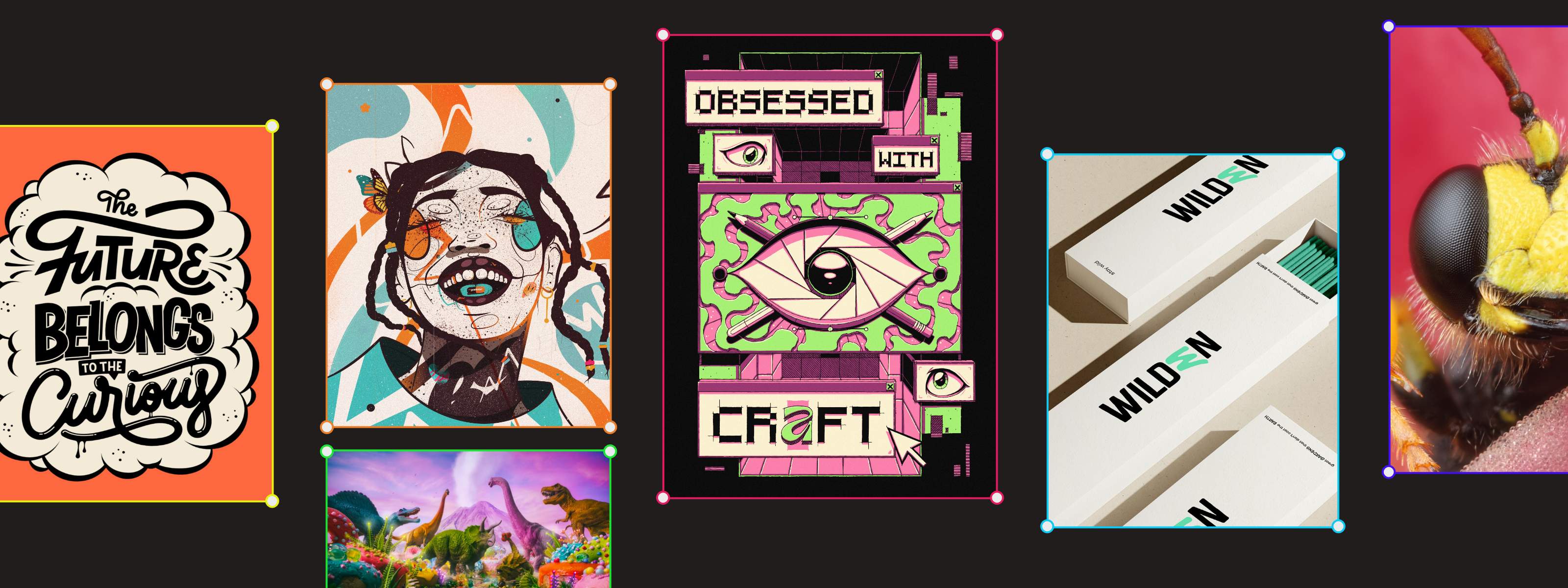 Collage of creative work made in Affinity, including typography, illustration, branding, and macro photography arranged on a dark background