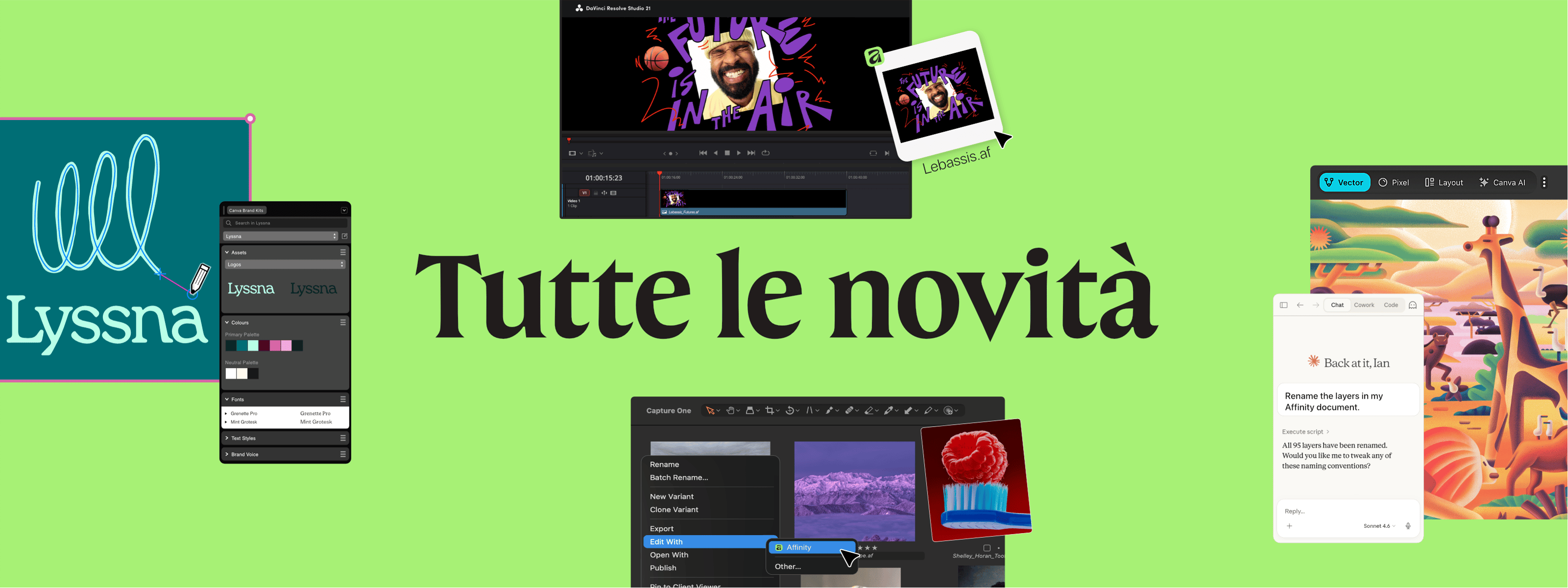 Novità in Affinity collage di interfacce che mostra Ecosistema del brand di Canva, l'integrazione con Capture One, il flusso di lavoro con DaVinci Resolve e gli strumenti di automazione AI