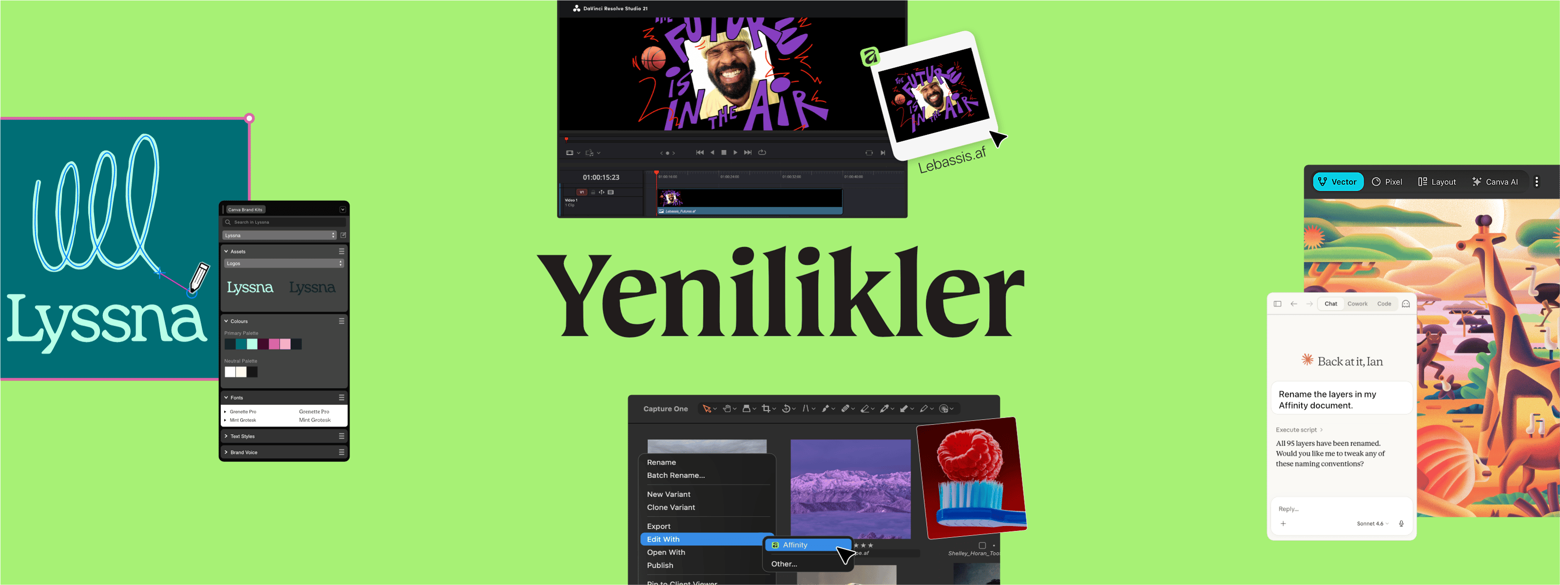 Canva Marka Sistemi, Capture One entegrasyonu, DaVinci Resolve iş akışı ve yapay zekâ otomasyon araçlarını gösteren Affinity arayüz kolajı