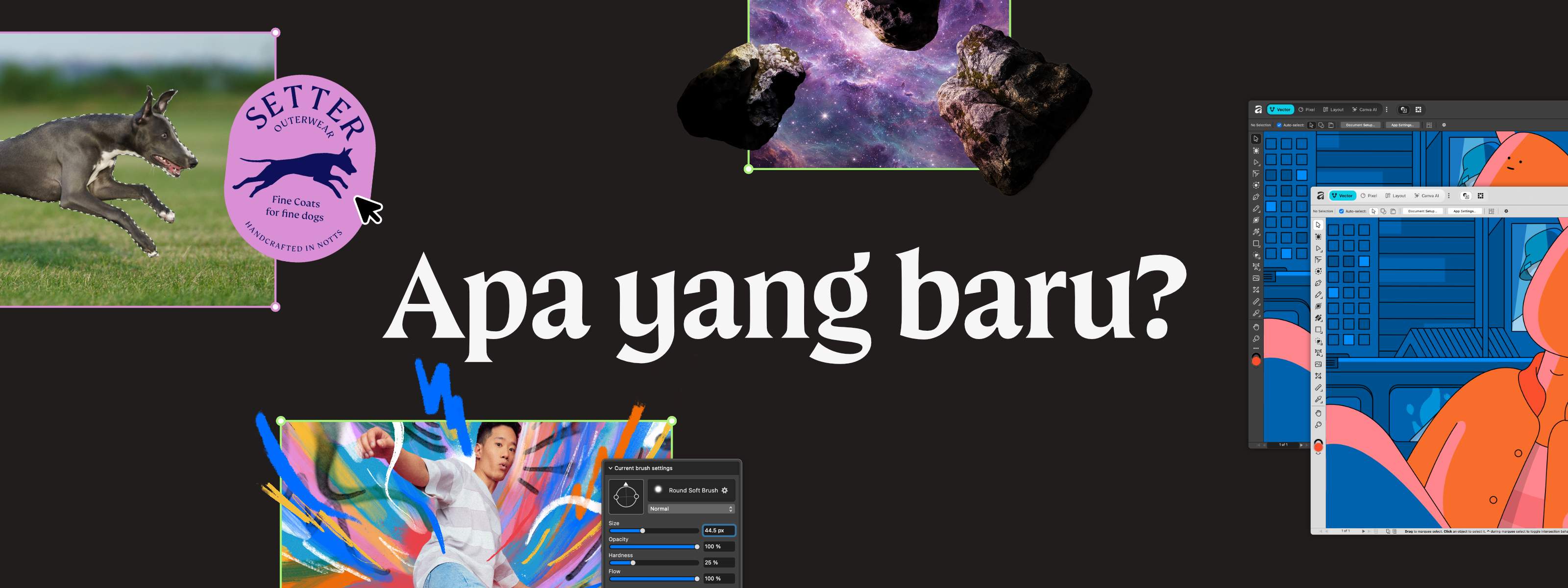 Hal yang Baru di Affinity menampilkan fitur-fitur baru Affinity, pratinjau antarmuka, dan alat kreatif dengan latar belakang gelap.