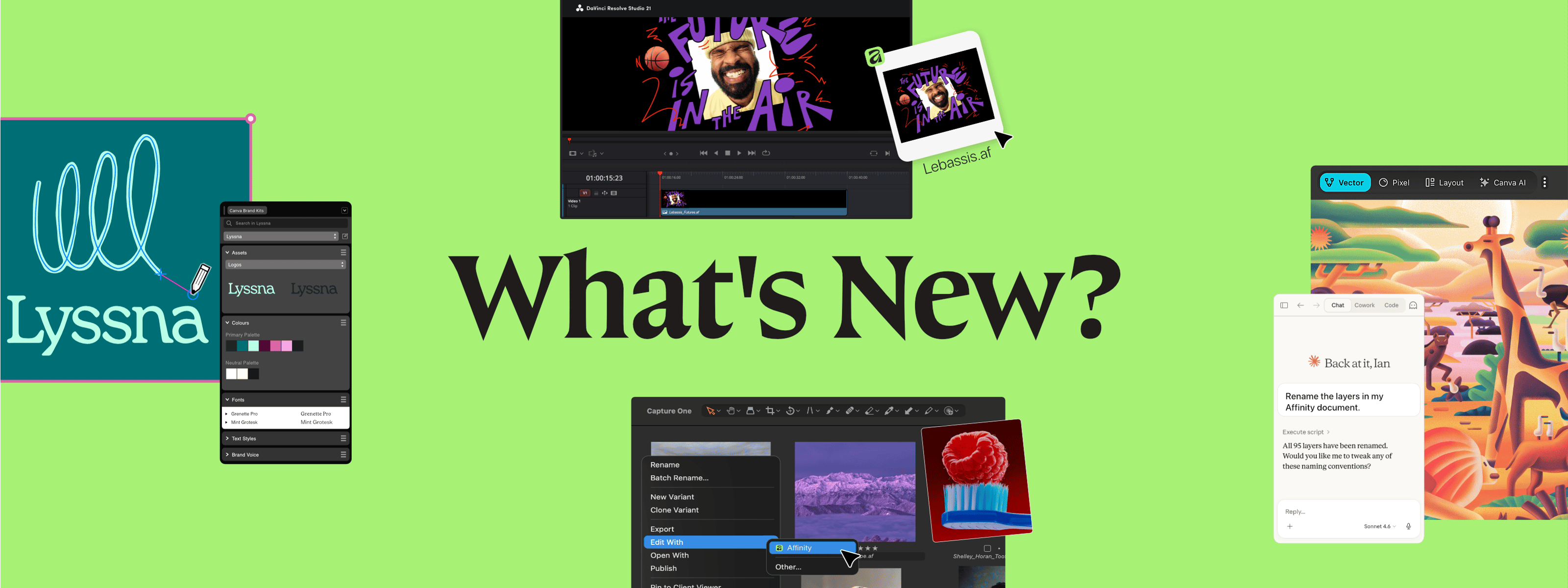 What’s New in Affinity interface collage showing Canva Brand System, Capture One integration, DaVinci Resolve workflow, and AI automation tools