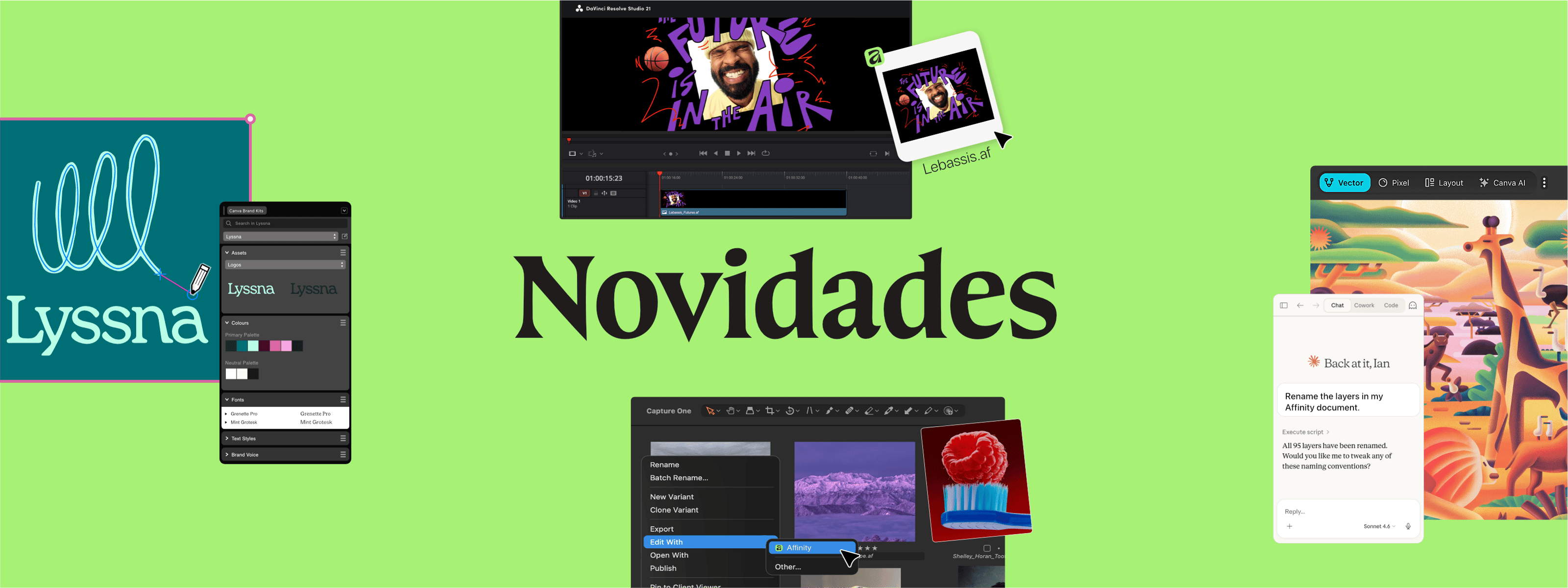 Colagem da interface das Novidades do Affinity mostrando o Ecossistema da Marca do Canva, integração com o Capture One, fluxo de trabalho com o DaVinci Resolve e ferramentas de automação com IA