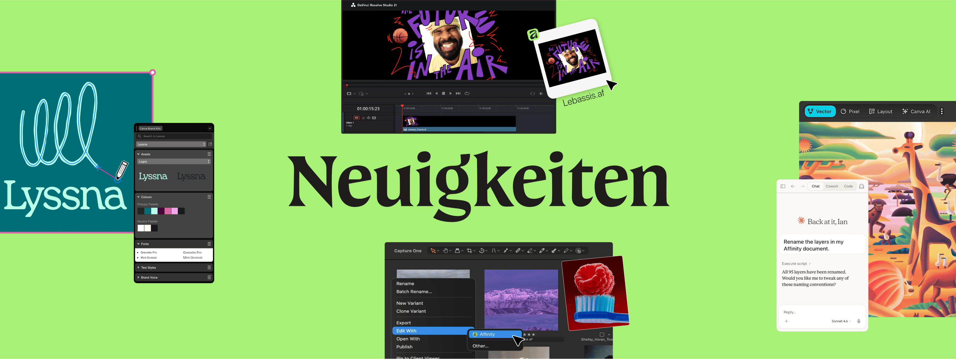 Brandneu in Affinity: Die Interface-Collage zeigt dir alles, vom Canva-Markensystem über die Integration von Capture One bis hin zum DaVinci-Resolve-Workflow und smarten KI-Tools!