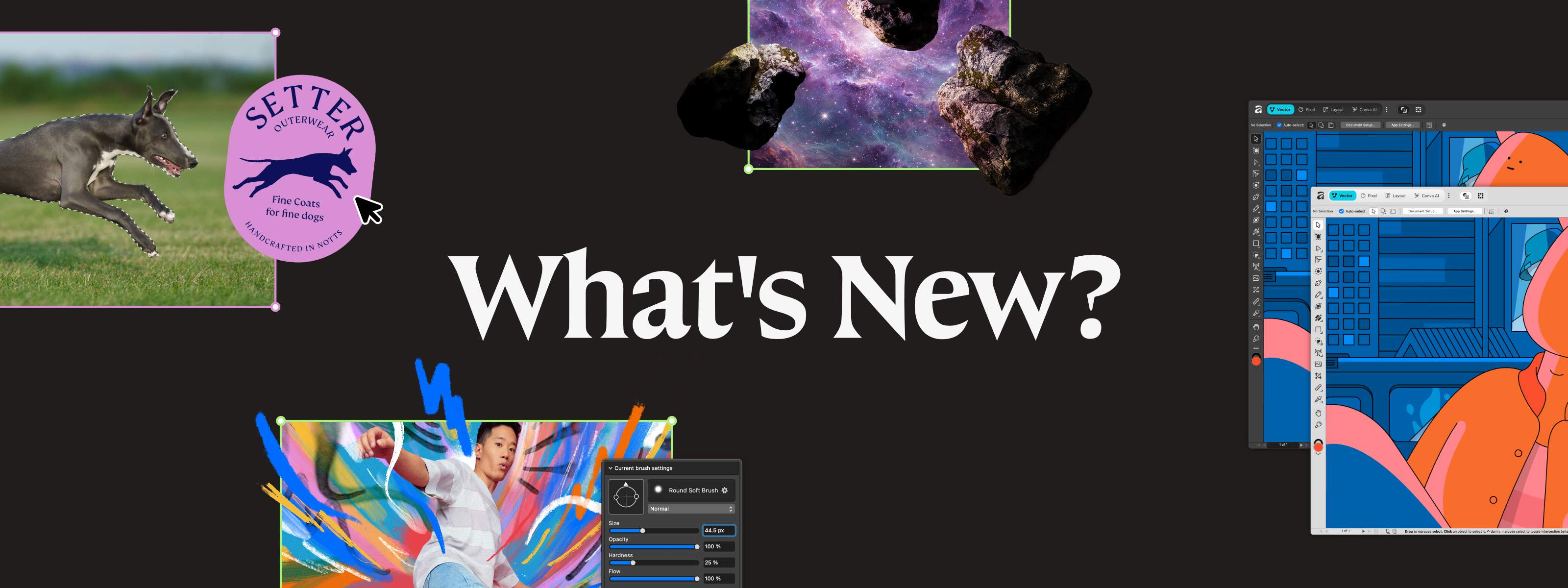 What’s New in Affinity updates showcasing new Affinity features, UI previews and creative tools on a dark background.