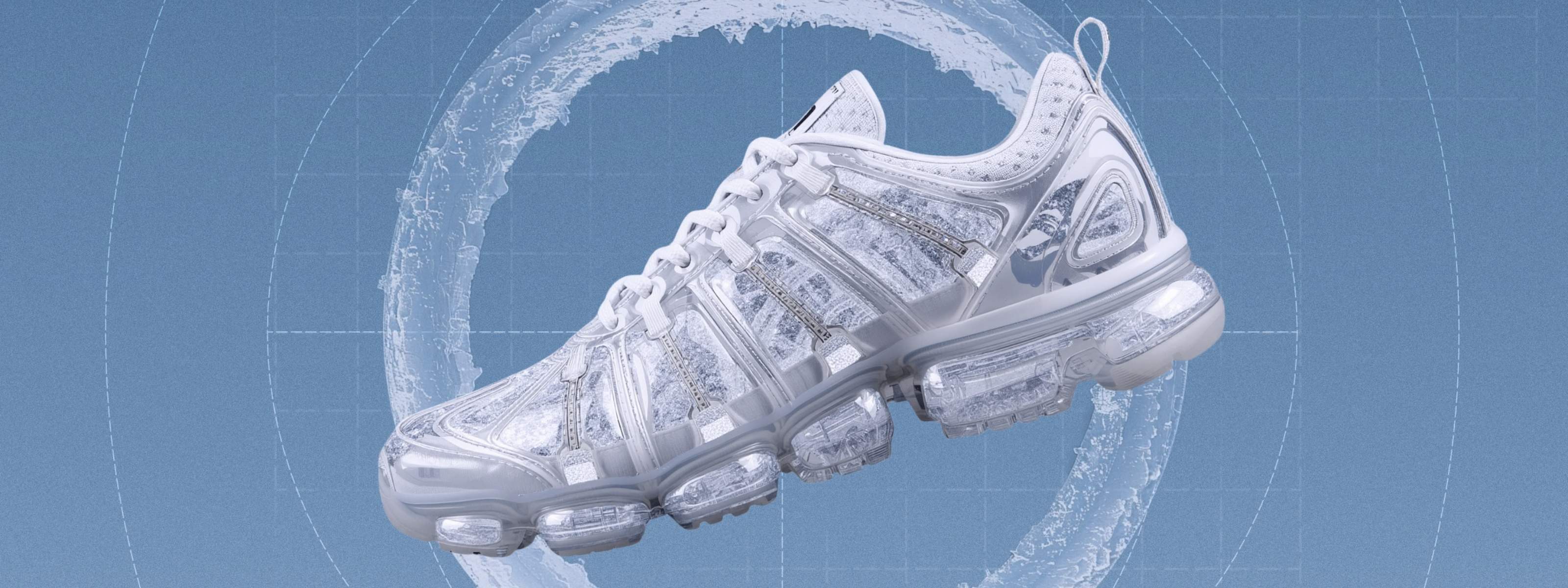 Diseño para un tutorial de Affinity con las herramientas de Canva IA en Affinity, en el que se muestra una zapatilla deportiva futurista con texturas y efectos de capa generados por la IA.