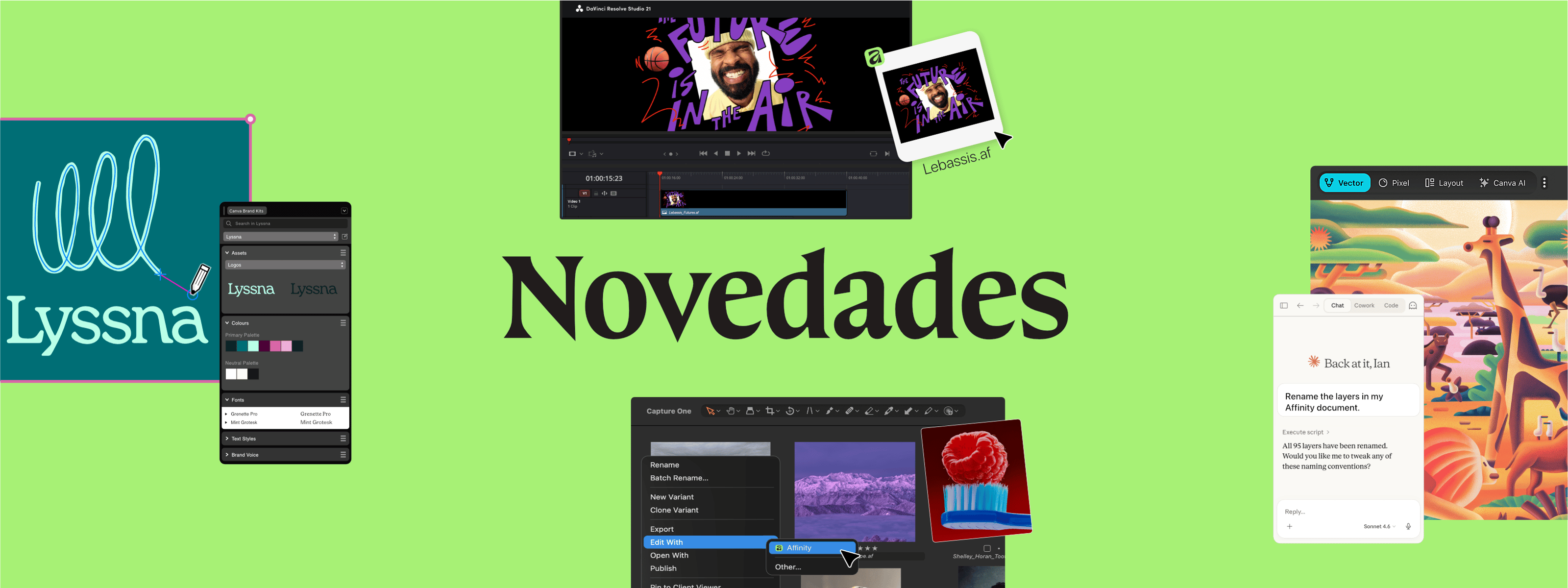 Collage de la interfaz de Novedades de Affinity, que muestra el ecosistema de marca de Canva, la integración con Capture One, el flujo de trabajo de DaVinci Resolve y las herramientas de automatización con IA