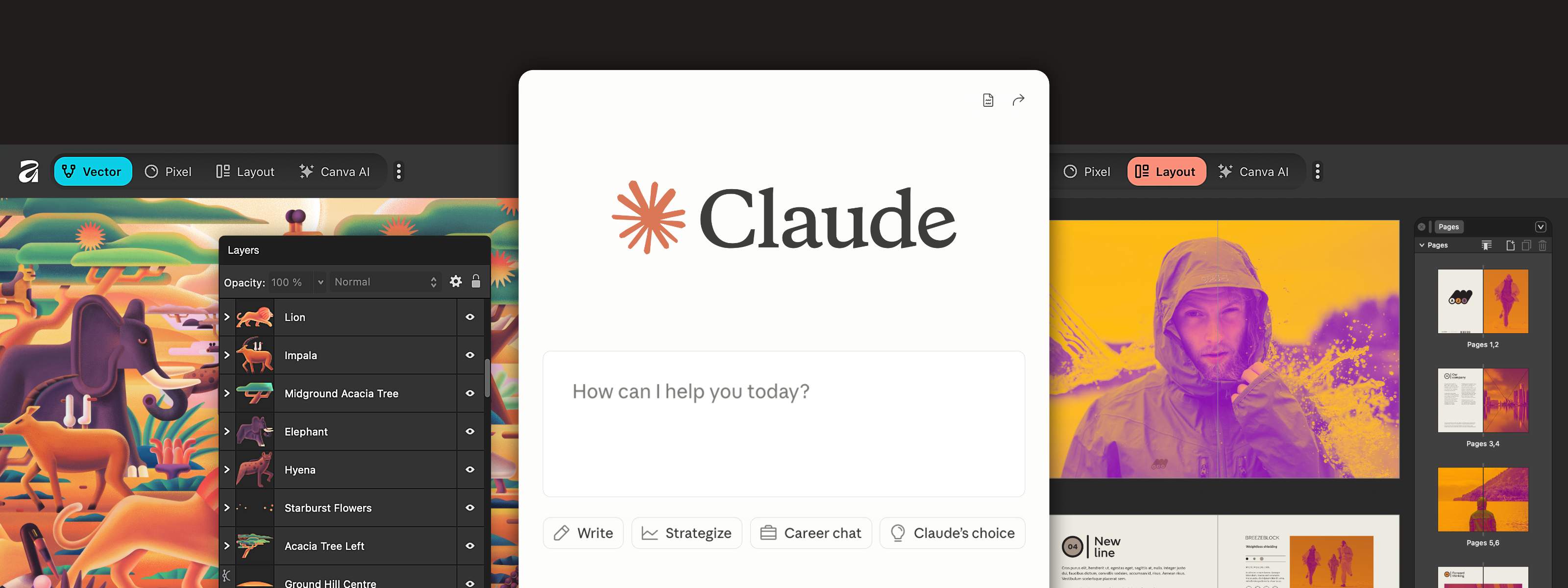 Affinity workspace with Claude AI prompt showing automated design workflows for photo editing, vector design, and layout