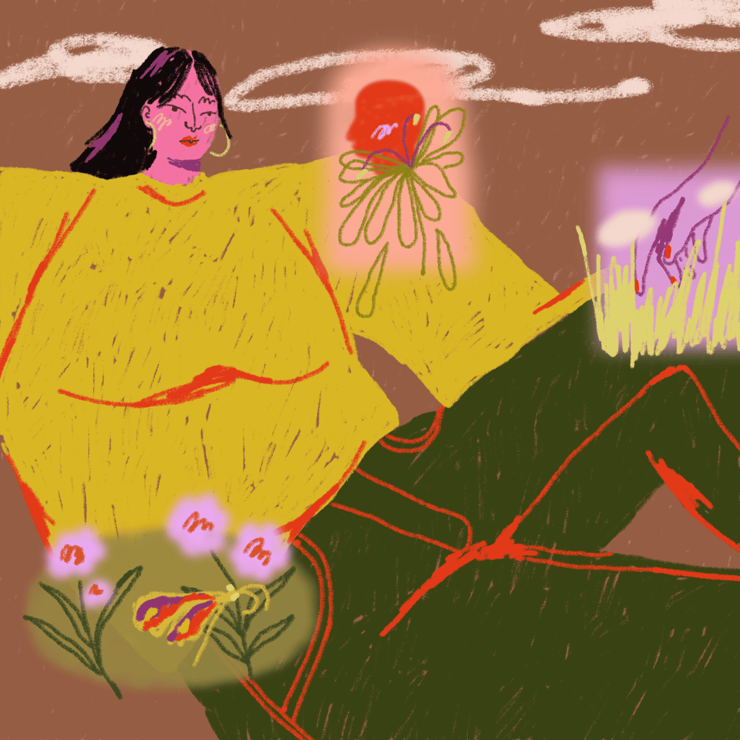 Abstract illustration of a reclining woman wearing a mustard-yellow top surrounded by a floating head, flowers and a reaching hand.