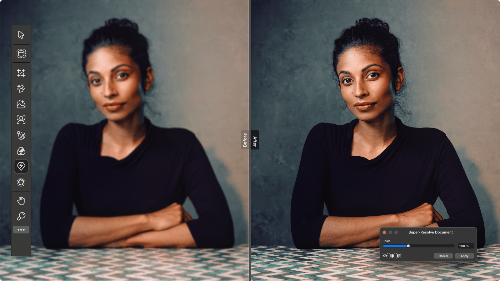 Image of woman sat at a table and super resolution feature showing before and after using feature within Affinity Canva AI studio.