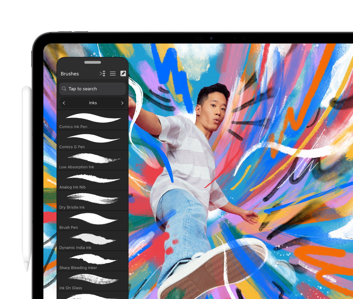 Affinity, geöffnet auf dem iPad: zeigt eine Person, die von bunten Pinselstrichen umgeben ist, mit sichtbarem Pinsel-Panel.