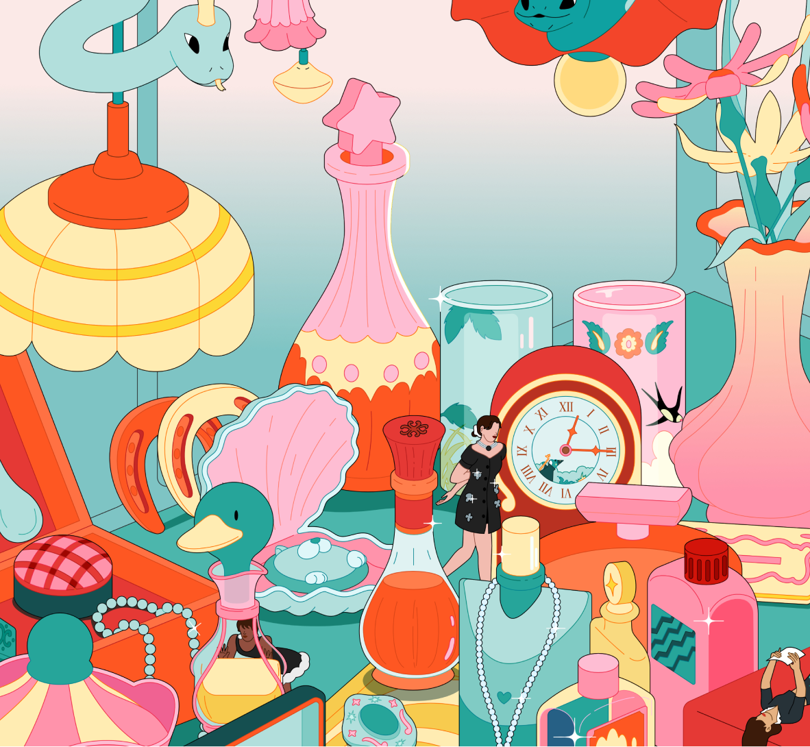 Colorful illustration of a vanity table filled with perfume bottles, vases, jewelry, and lamps in pink, teal, and orange tones, with small human figures interacting among the objects.