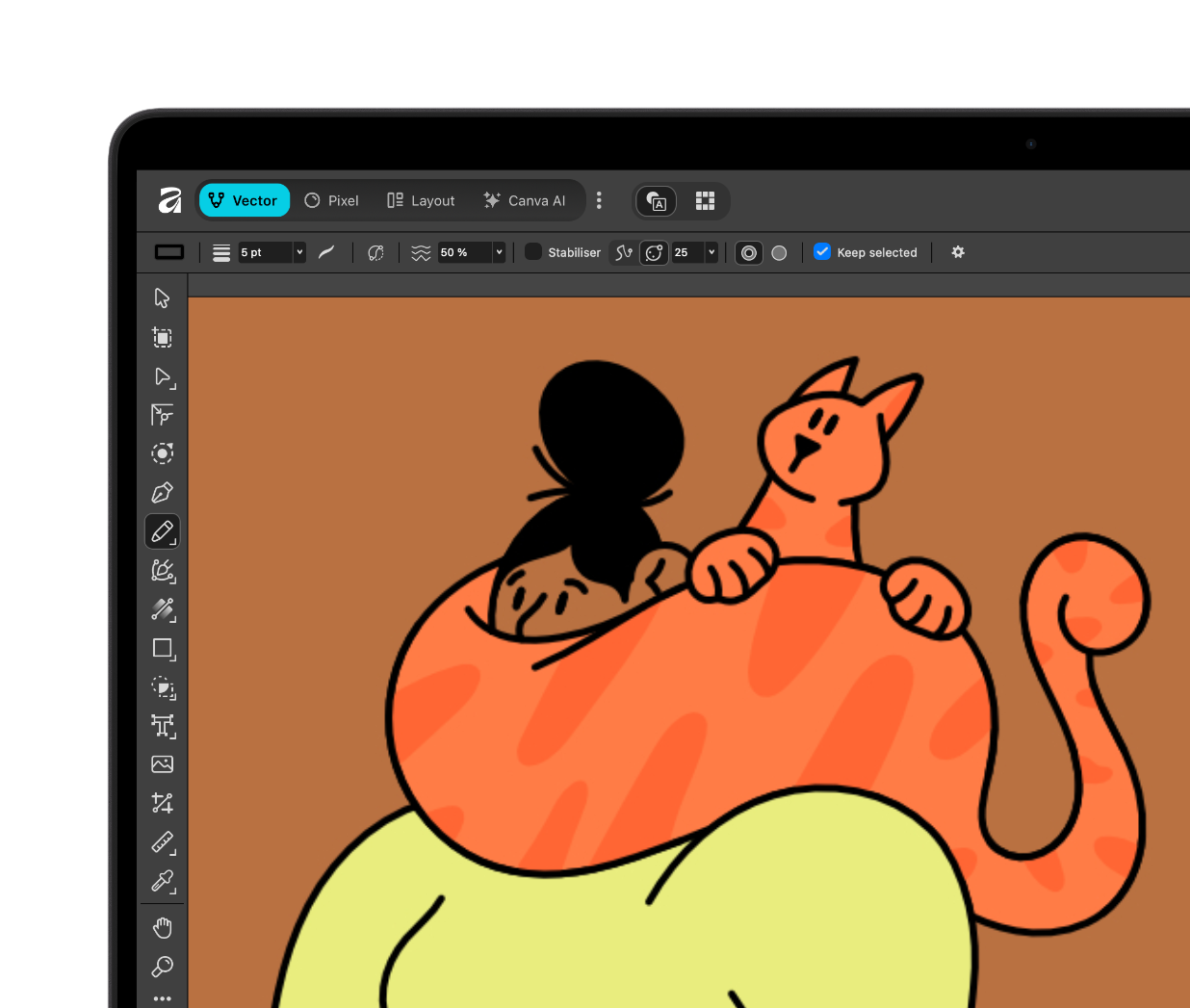 Affinity, geöffnet auf einem Mac: zeigt eine farbenfrohe Illustration einer Person mit einer orangefarbenen Katze auf den Schultern im Studio „Vektor“.