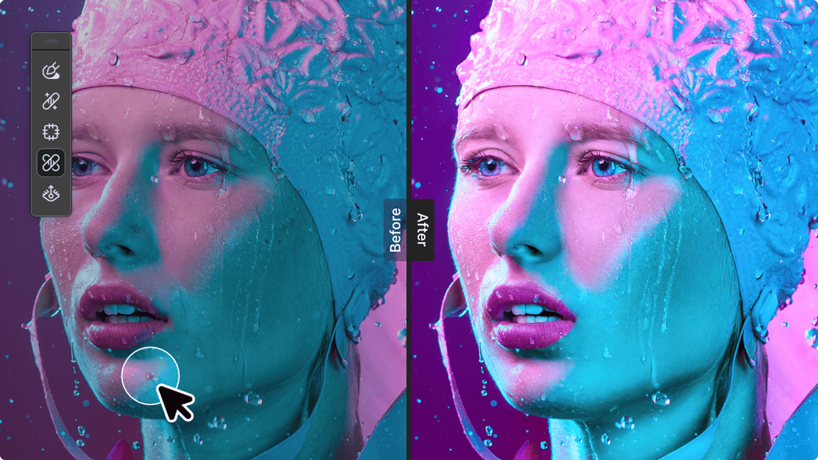 Comparison portrait of a woman before and after retouching with Affinity