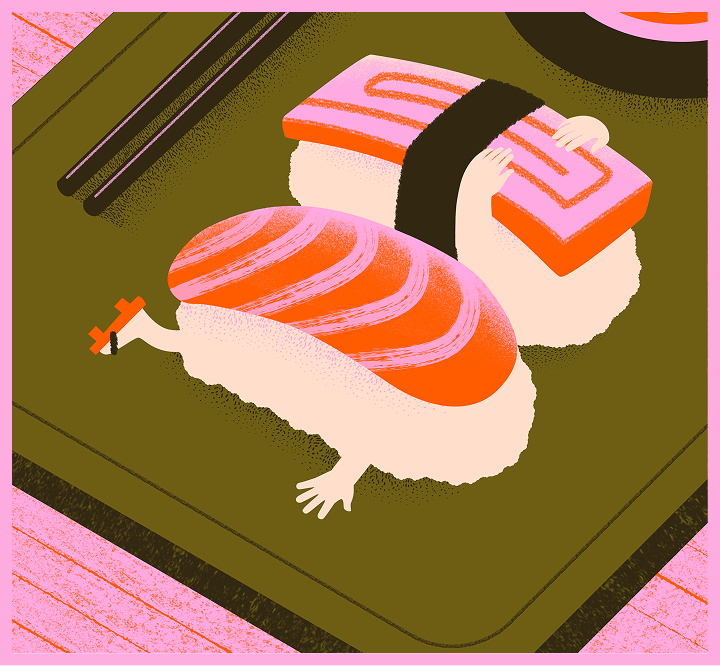 Ilustración de dos trozos de sushi con brazos y piernas de aspecto humano sobre una bandeja, uno de ellos sosteniendo una pequeña flor roja.