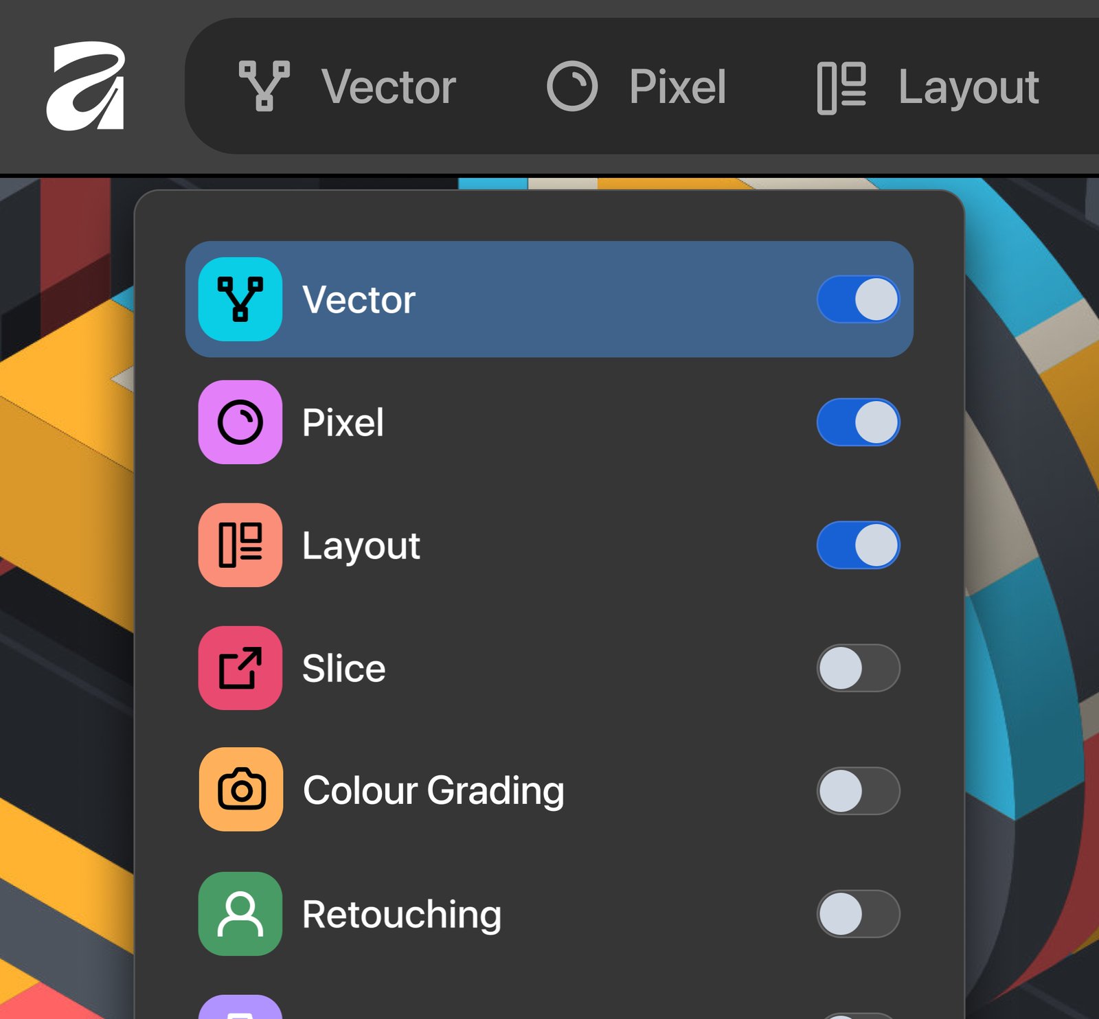 デザイン モードのオプションを示しているインターフェース。ベクター、ピクセル、レイアウトのトグルはオンになっていて、他はオフになっている