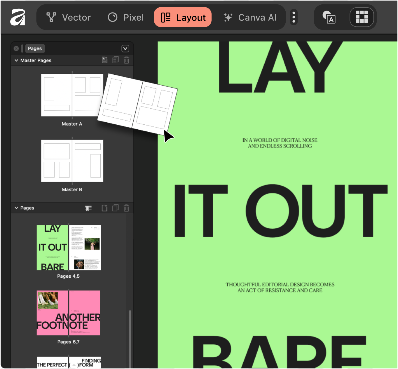 Editorial layout with bold green typography reading ‘Lay It Out Bare’ being designed in Affinity Layout Studio