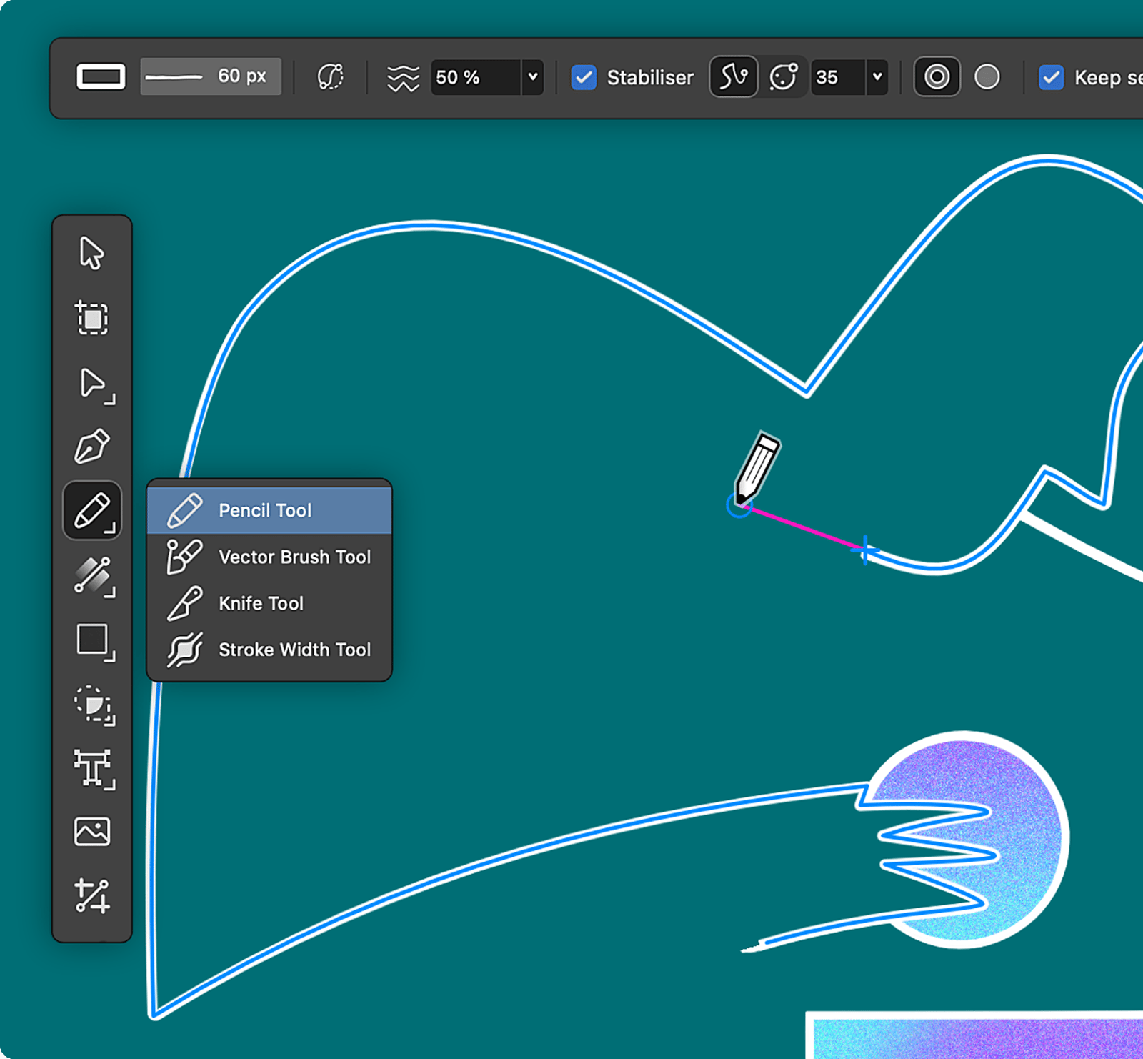 Affinity Vector Studio の鉛筆ツールを使用して描画された曲線ベクトル ライン