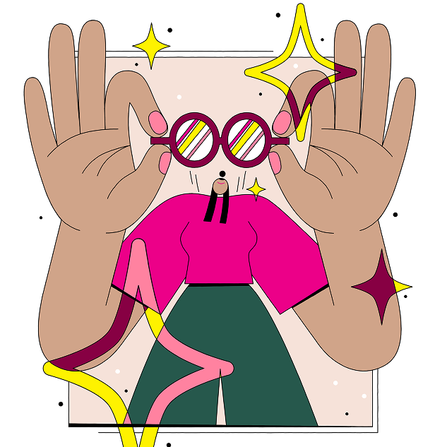 Colorful illustration of a person wearing round striped glasses and a bright pink top, with large raised hands and abstract shapes around them.