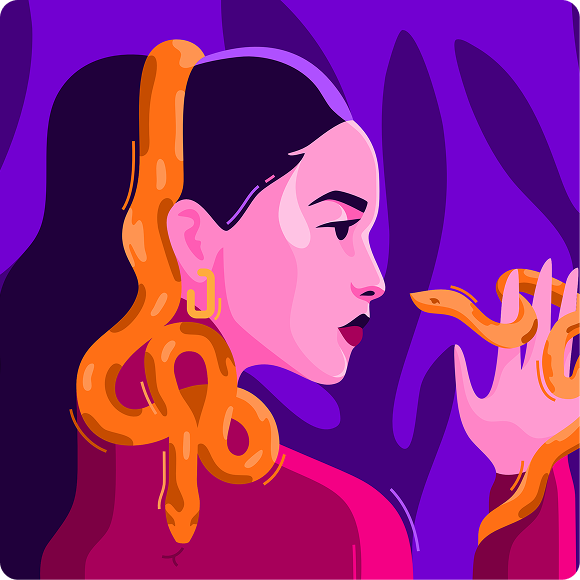 Stylized digital illustration of a woman with a sleek ponytail and gold earrings, holding an orange snake against a purple background