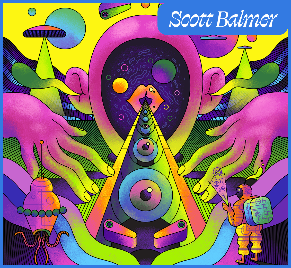 Ilustración vibrante y surrealista de una figura cósmica rodeada de coloridas manos, formas geométricas y un pequeño astronauta que sostiene un triángulo, con el nombre “Scott Balmer” en la parte superior.