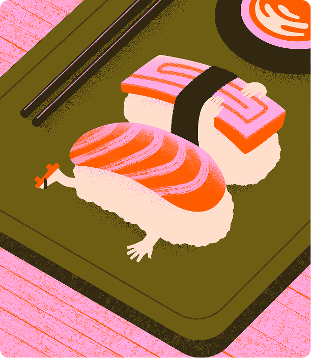 Illustration of two sushi pieces with human-like arms and legs on a green plate beside chopsticks