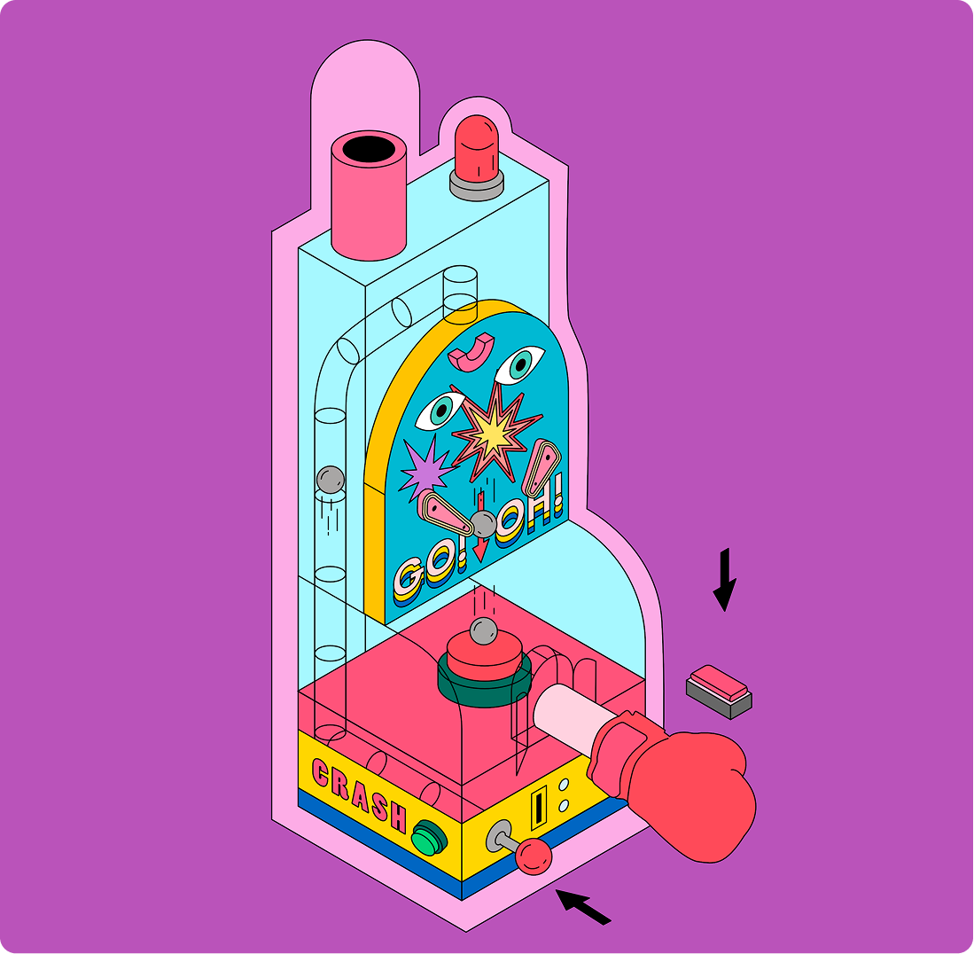 Colorful illustration of a pinball-style arcade game labeled “CRASH,” with bright shapes, eyes, and stars on a blue and pink background.