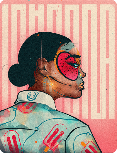 Stylized illustration of a woman in profile with bold face paint and a patterned shirt, set against a pink geometric background