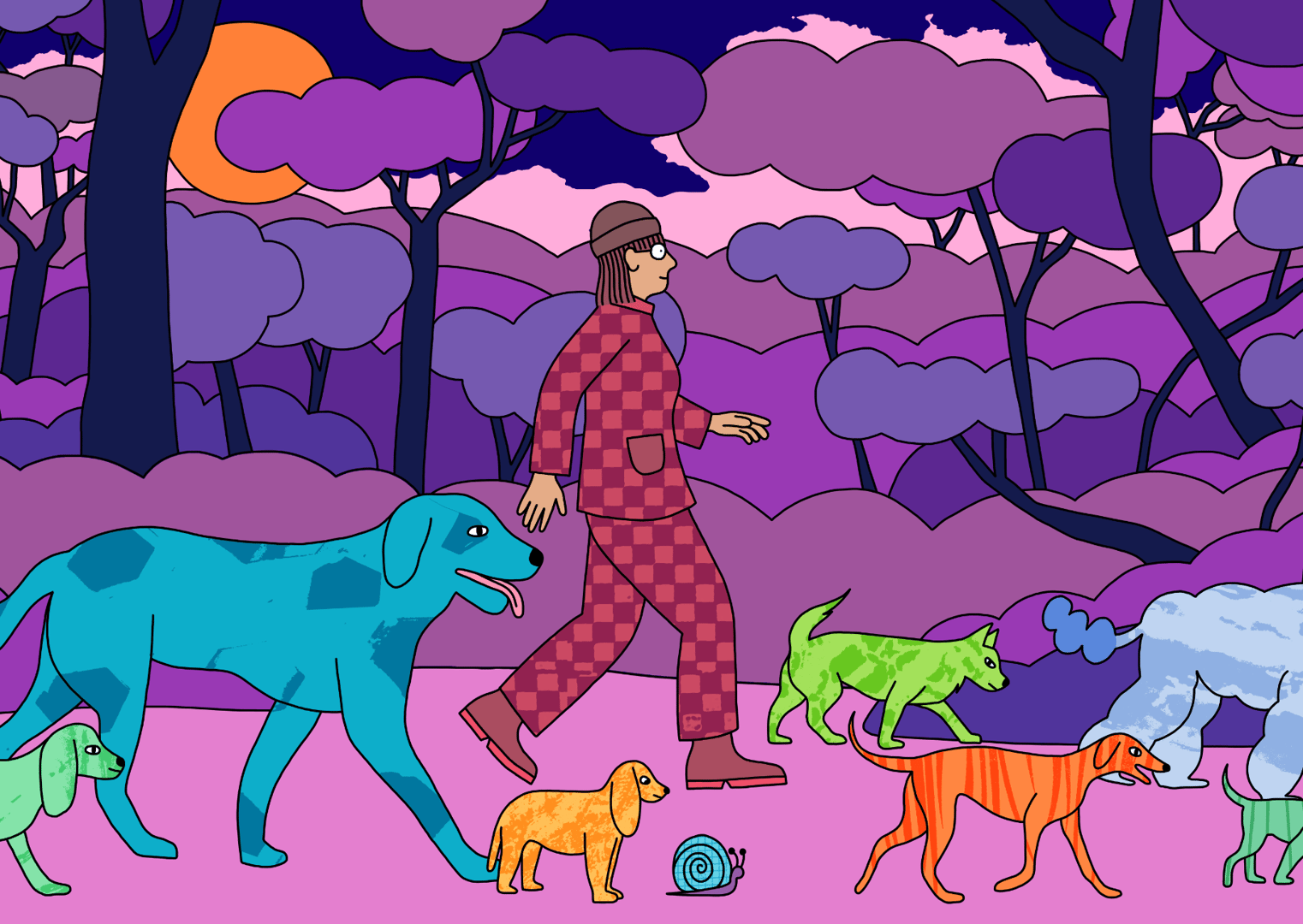 Illustration of a person walking through a purple forest with seven brightly colored dogs.