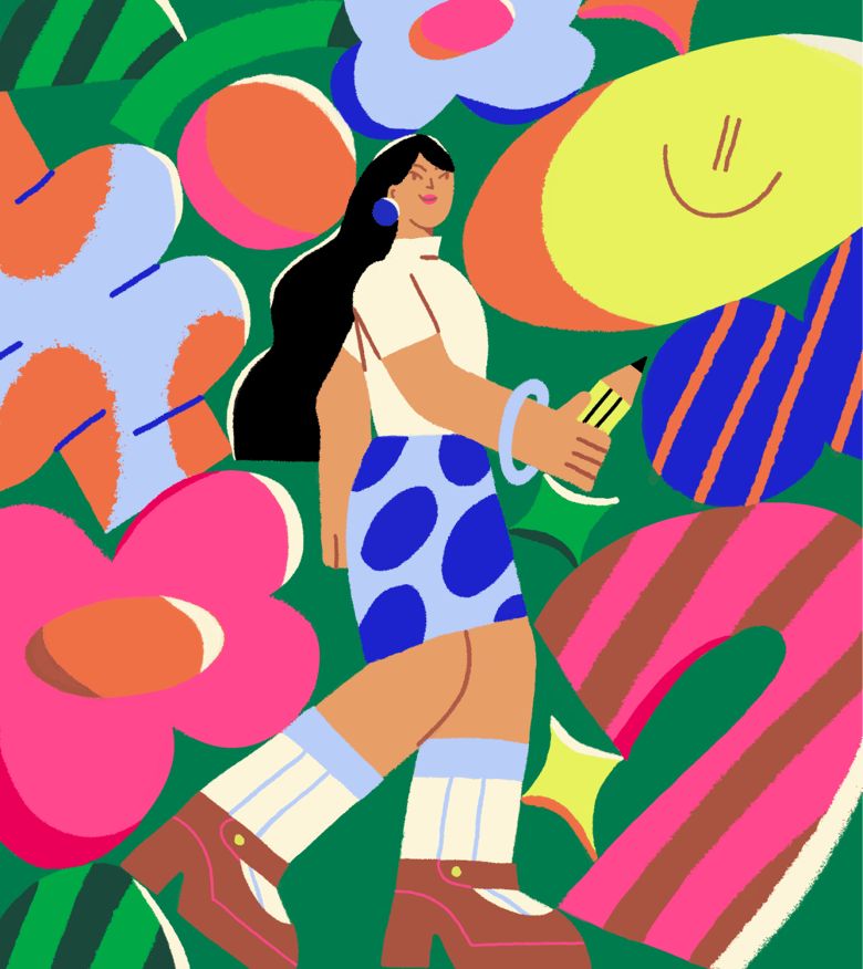 Illustration of a woman walking joyfully among oversized colorful flowers on a green background