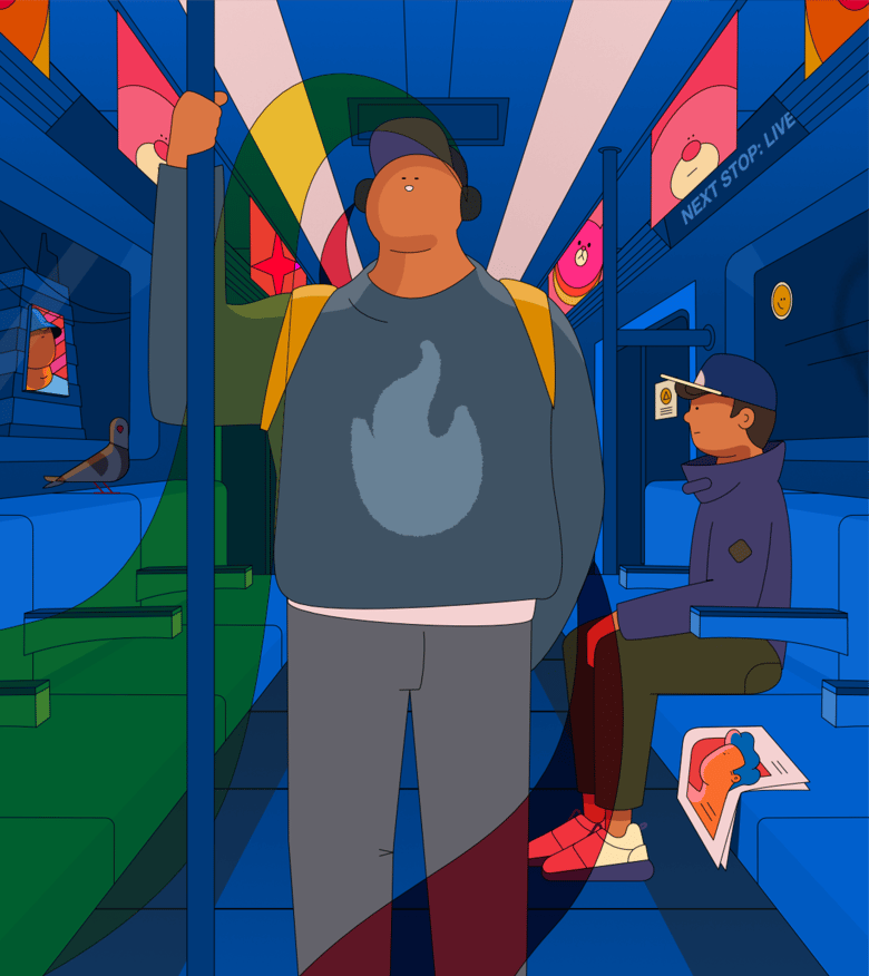 Illustration of a person standing on a subway train, with another passenger seated and bright posters on the walls