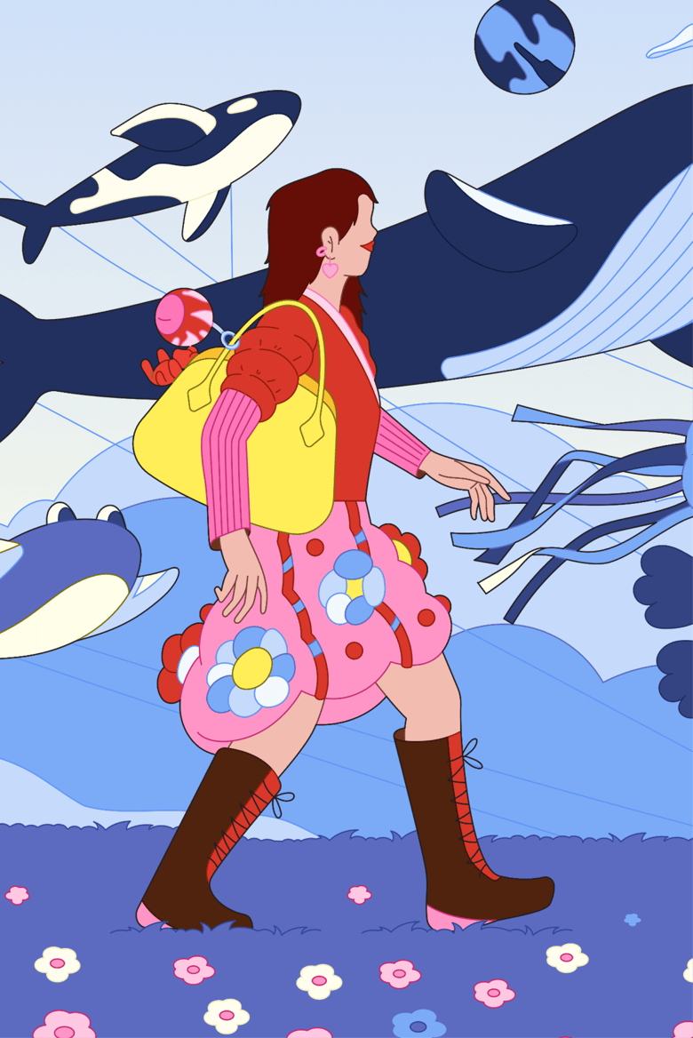 Illustration of a person walking among floating sea creatures like whales and jellyfish in pastel blue tones