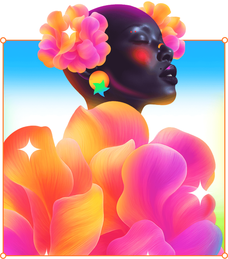 Digital artwork of a person with vibrant flower petals surrounding their head and shoulders